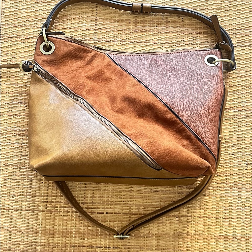 Anthropologie Tri-Panel Leather & Suede Shoulder Bag in Brown, Tan, and Rust
